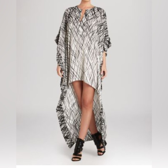 BCBG MAXAZRIA DAMEKA BLACK WHITE HI LOW HEM CAFTAN DRESS WOMENS XS/SMALL - Picture 1 of 10